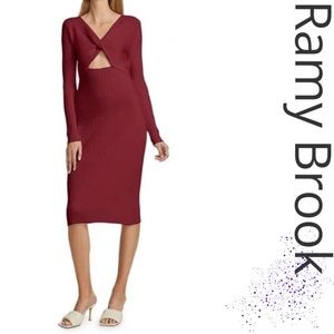 NWT RAMY BROOK Knit Bordeau Twist Front Keyhole Ribbed Pilar Long Sleeve Dress!